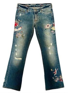 J. Crew Embroidered Distressed Hipslung Bootcut Jeans Size 27S Y2K Made In USA
